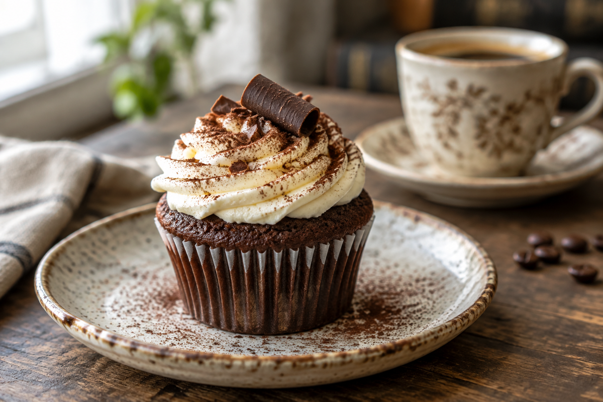 Chocolate tiramisu cupcakes topped with mascarpone frosting and cocoa powder on rustic plate