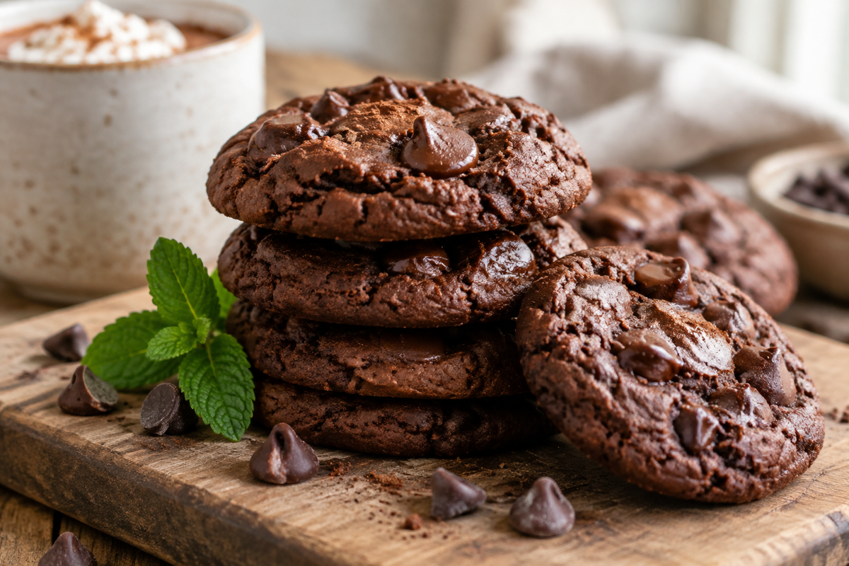 Stack of fudgy hot chocolate cookies with chocolate chips and mint garnish on wooden board