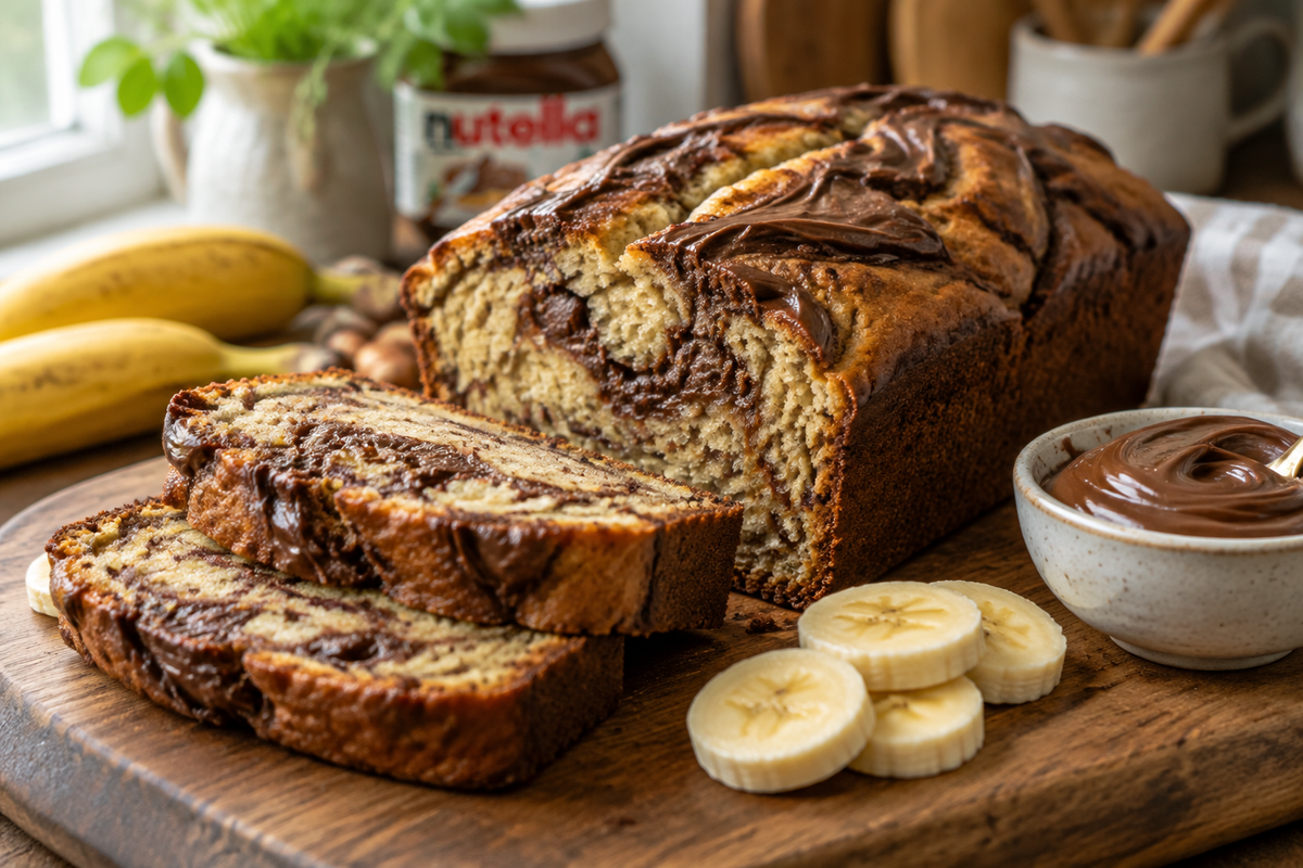 Close-up of perfectly fluffy nutella swirl banana bread with banana slices and nutella garnish
