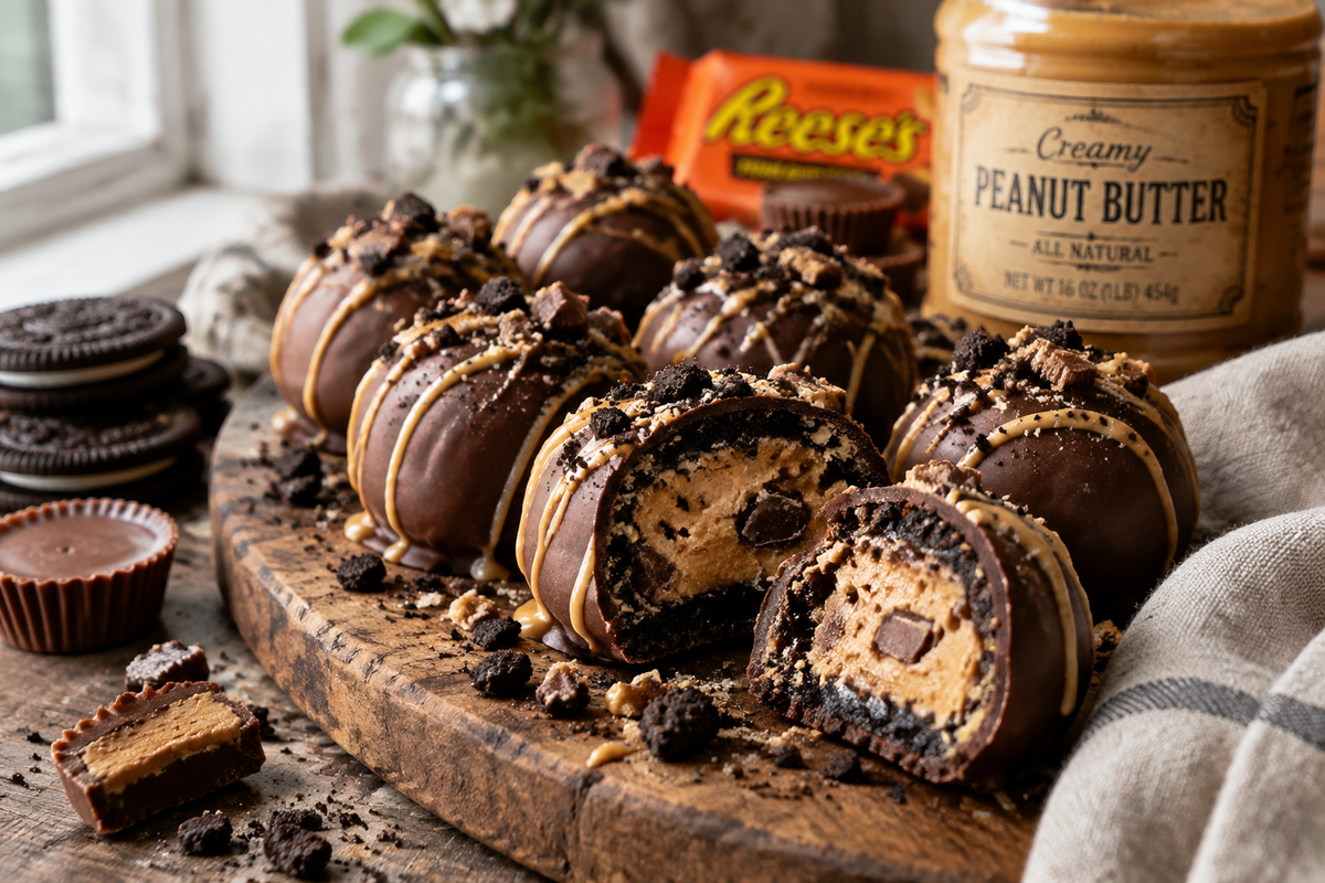 Decadent peanut butter Oreo truffles on rustic board with peanut butter drizzle and Oreo crumbs
