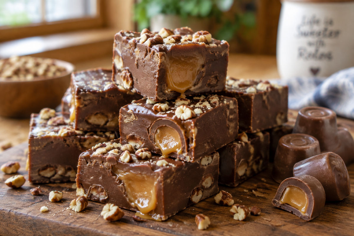 Close-up of rolo chocolate fudge squares with gooey caramel and rich chocolate