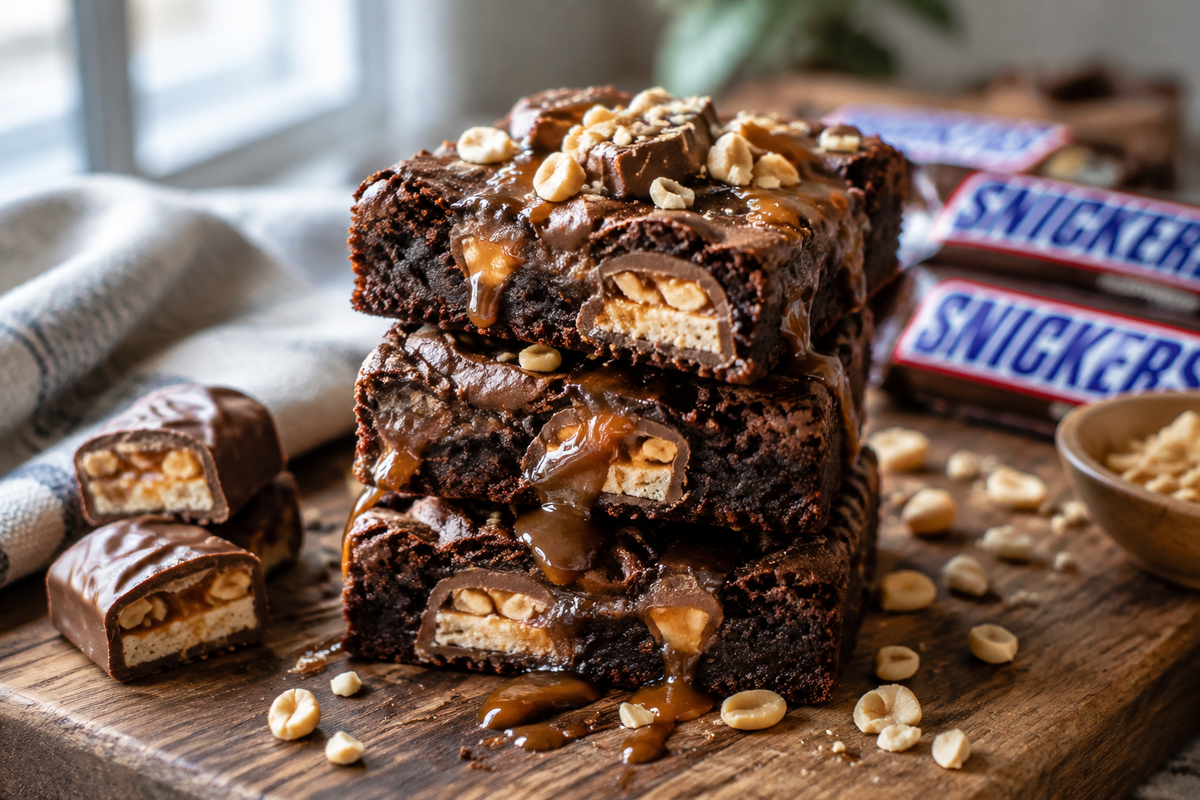 Close-up of gooey snickers brownies topped with caramel drizzle and chopped peanuts