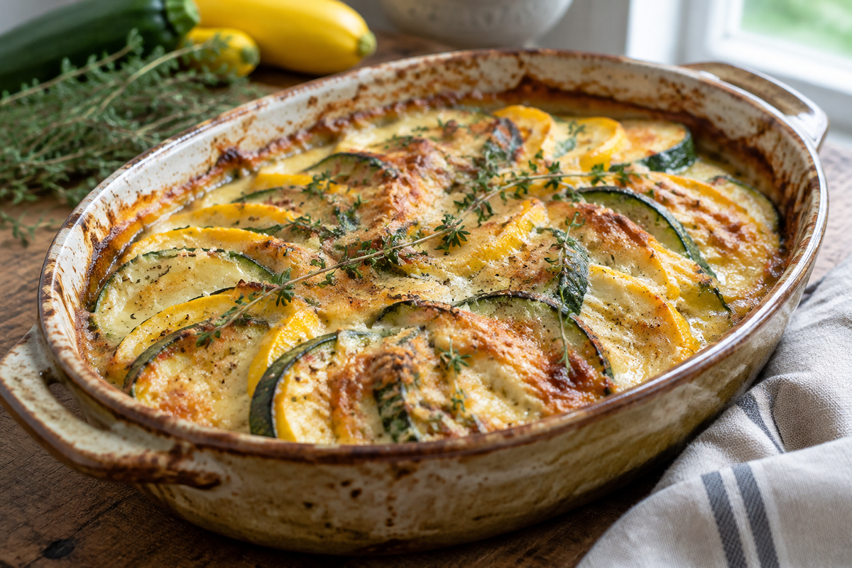 Golden zucchini au gratin with crispy cheese crust garnished with fresh herbs