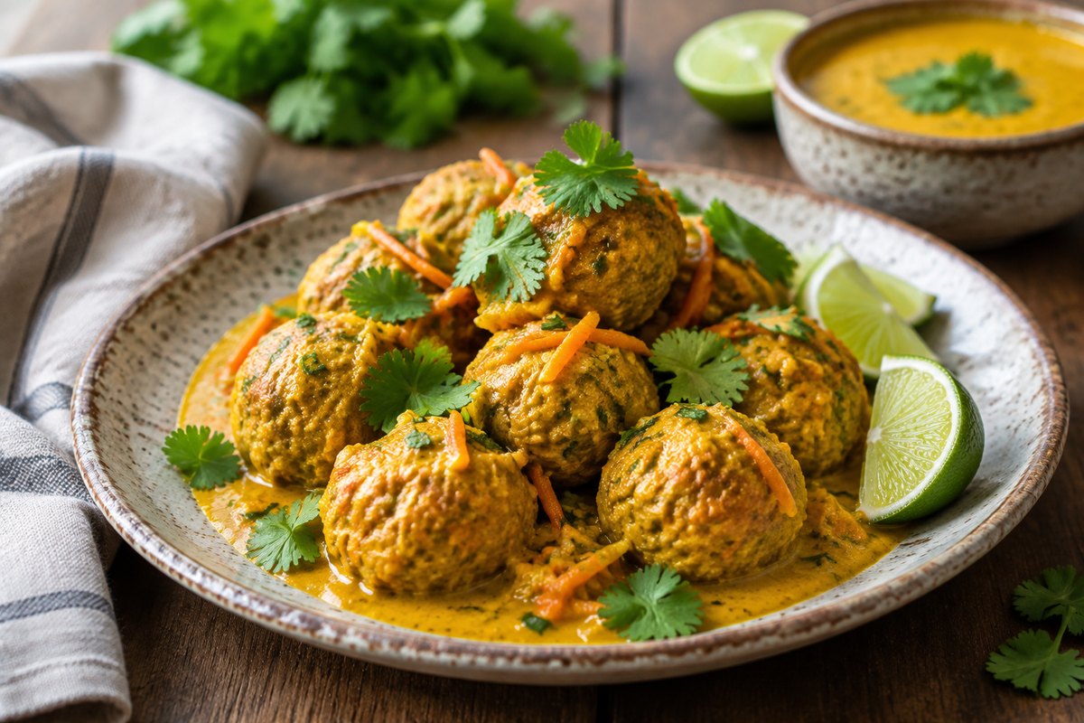 Carrot coconut curry meatballs garnished with cilantro and lime wedges on rustic plate