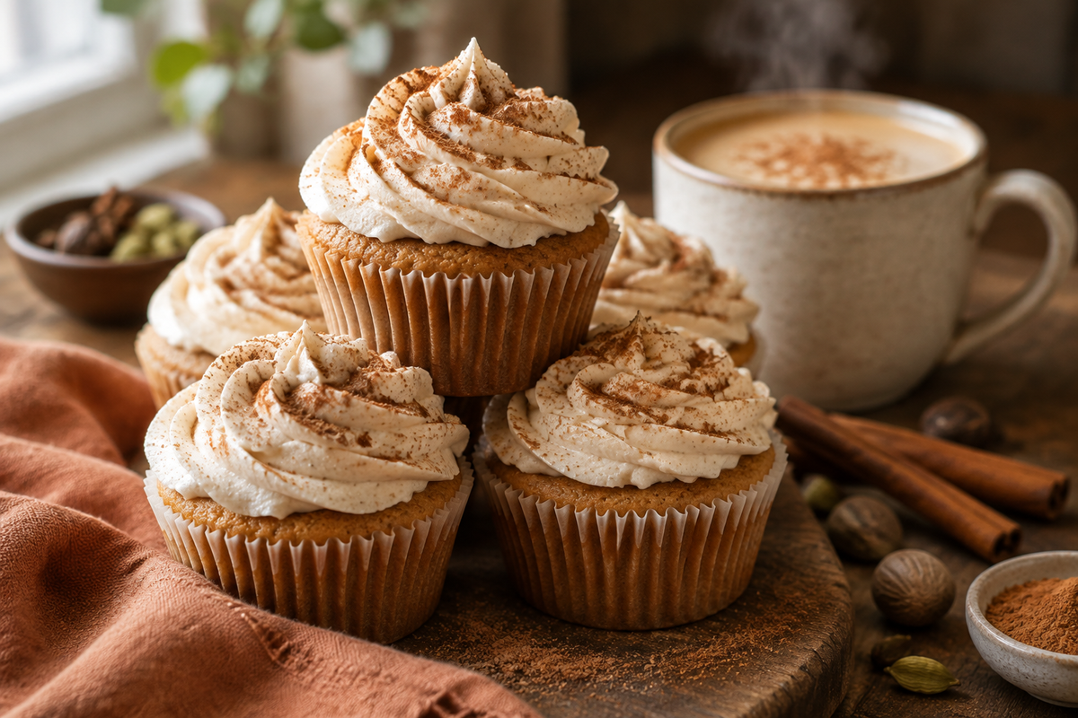 Chai latte cupcakes with creamy frosting and cinnamon sprinkle on rustic wooden surface