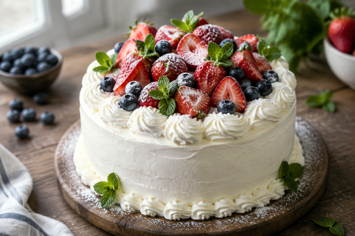 Chantilly cake topped with fresh strawberries and blueberries on rustic surface