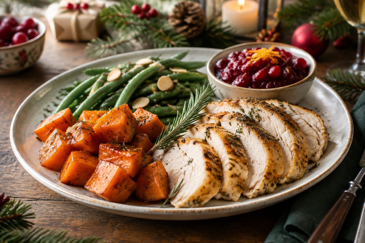 Christmas dinner ideas featuring roasted turkey, glazed sweet potatoes, green beans, and cranberry sauce on a rustic table