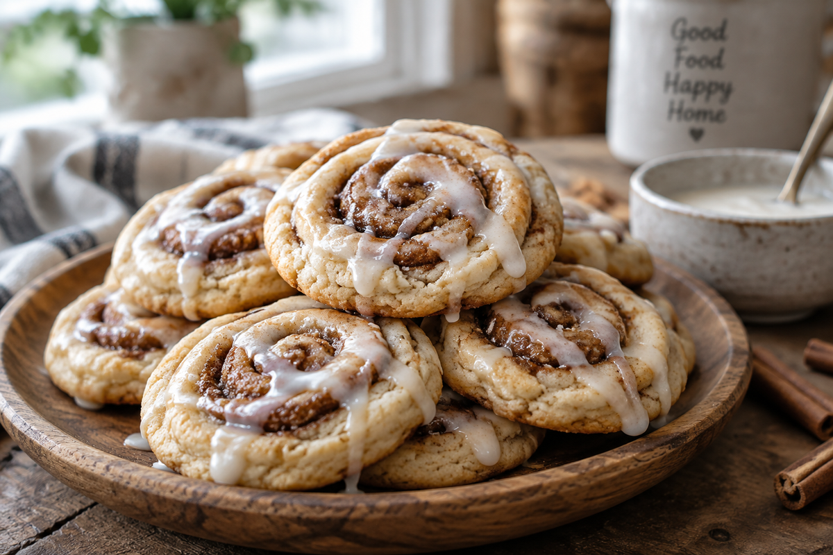 Freshly baked cinnamon roll cookies with swirled cinnamon filling and sweet glaze