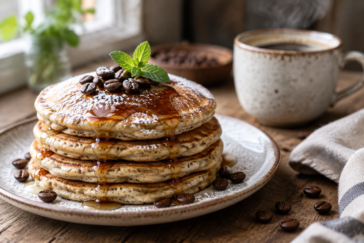 Stack of fluffy coffee pancakes with syrup and coffee bean garnish, showcasing coffee pancakes
