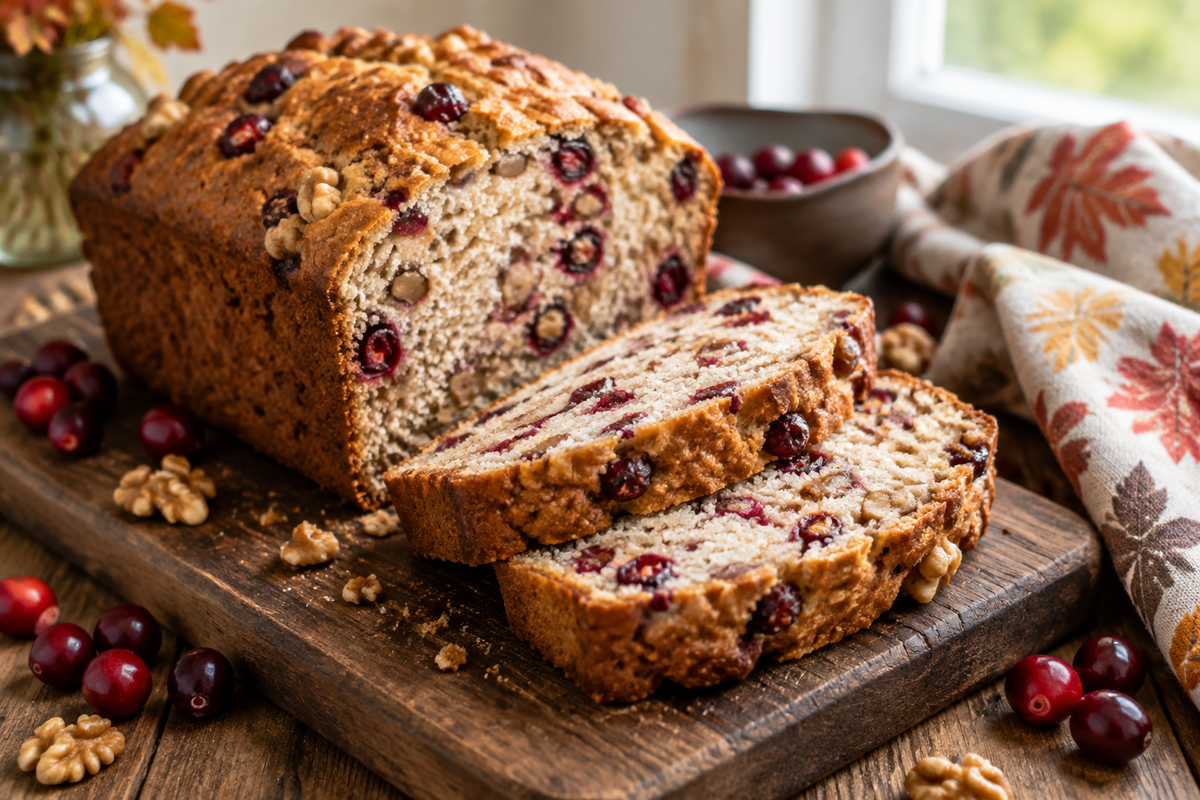 Freshly sliced cranberry walnut bread with visible cranberries and walnuts on rustic wooden board
