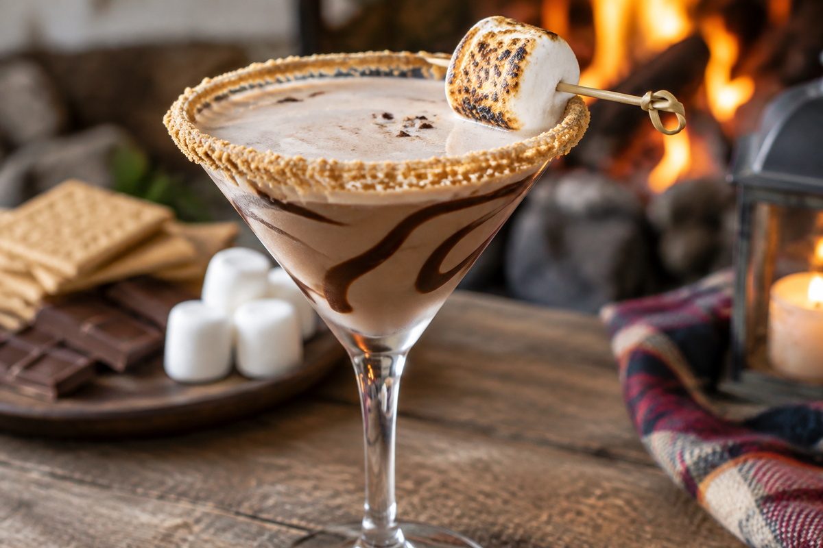 Creamy s'mores martini with toasted marshmallow and graham cracker rim