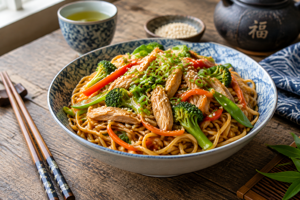 Crockpot chicken lo mein served in a bowl with glossy noodles and fresh vegetables