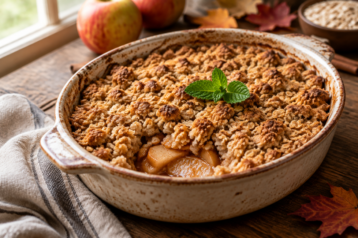 Close-up of baked apple crumble with golden oat topping and cinnamon, garnished with mint