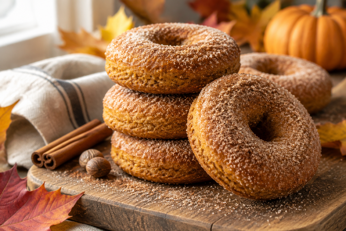 Fresh pumpkin spice donuts stacked on wooden board with cinnamon sugar, pumpkin spice donuts