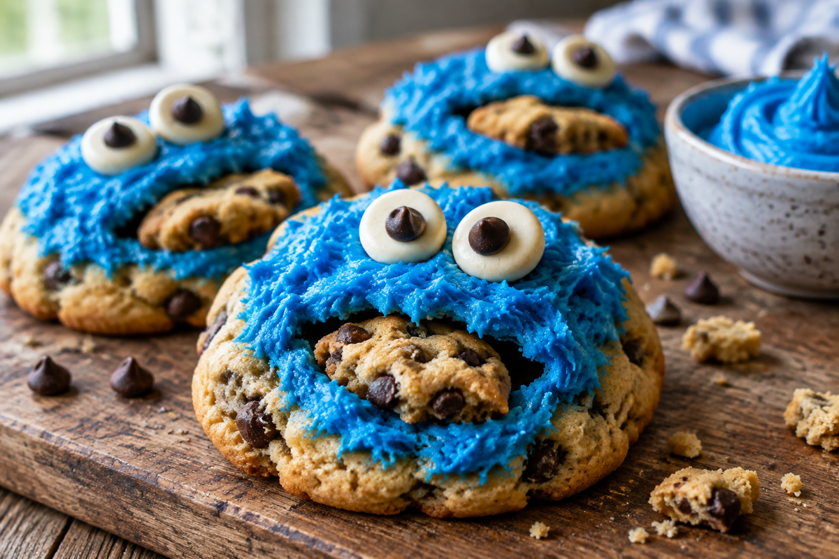 Cookie monster cookies with blue frosting and chocolate chips on rustic table, cookie monster cookies
