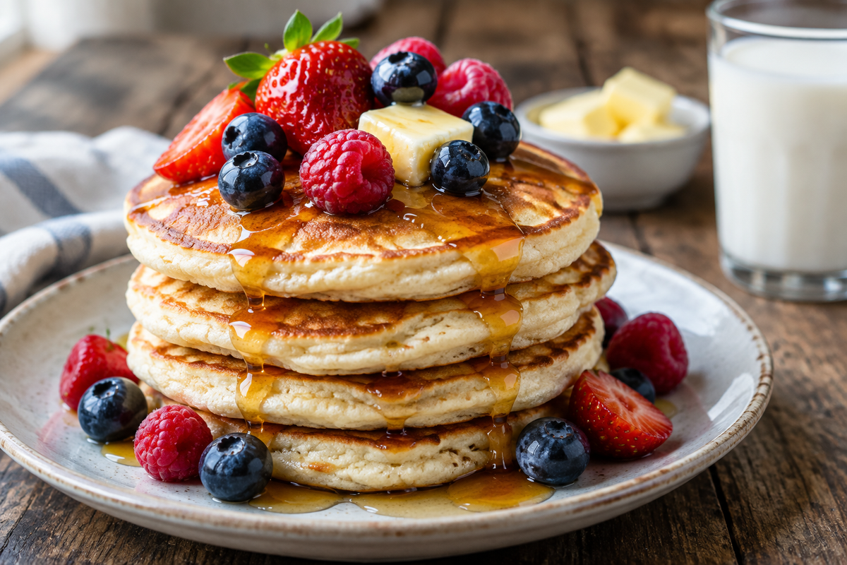 Stack of fluffy homemade pancakes topped with berries and maple syrup showcasing homemade pancake recipes