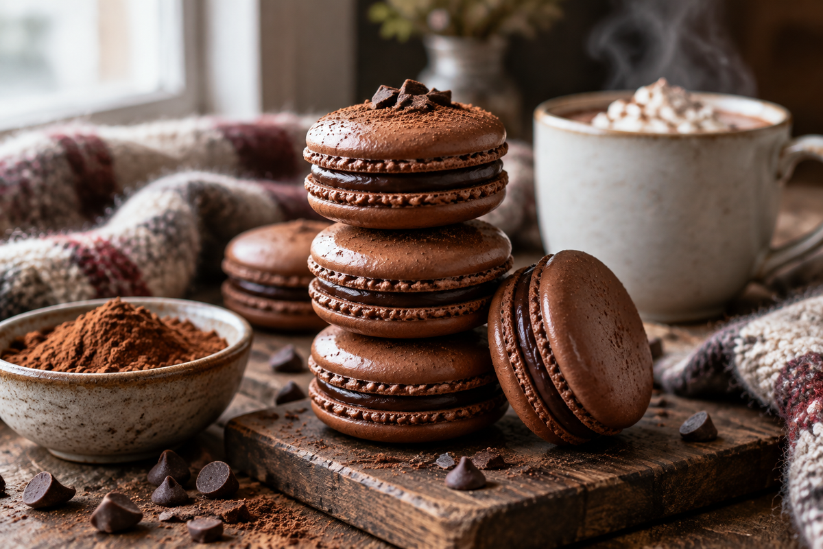Stack of hot chocolate macarons with rich chocolate filling on rustic table, natural light