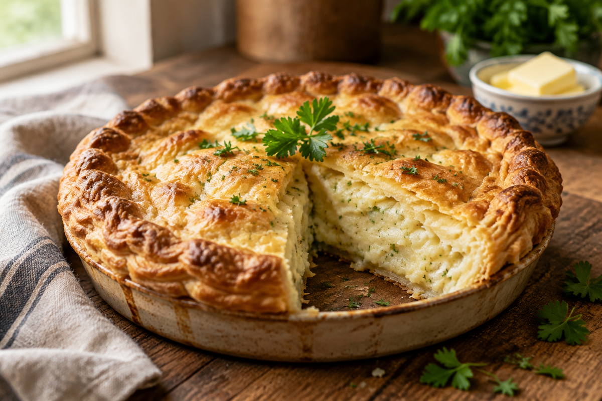 Golden baked Irish potato pie with creamy filling and parsley garnish on a rustic table