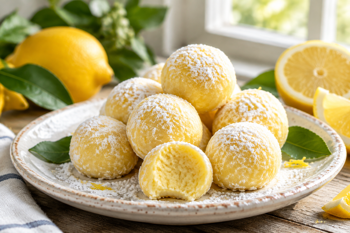 Bright lemon truffles dusted with powdered sugar, perfect lemon truffles dessert
