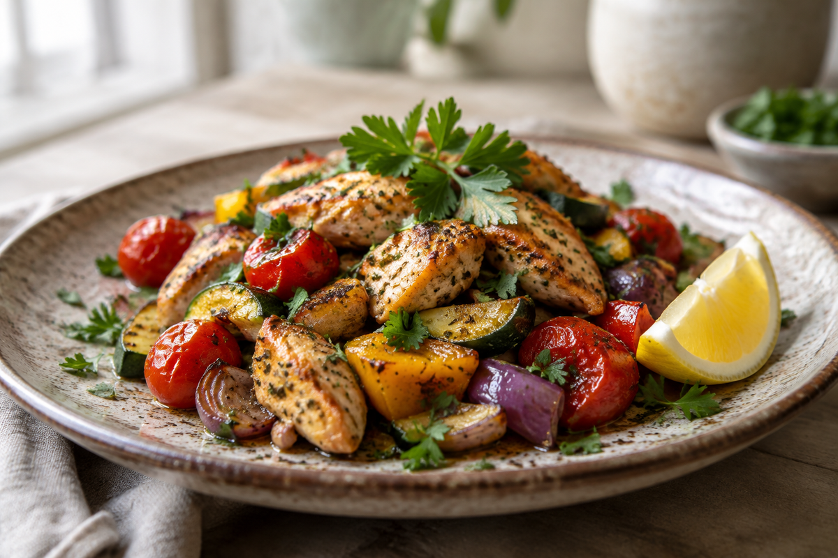 Plate of lilyum recipe with marinated chicken, roasted vegetables, and fresh herbs