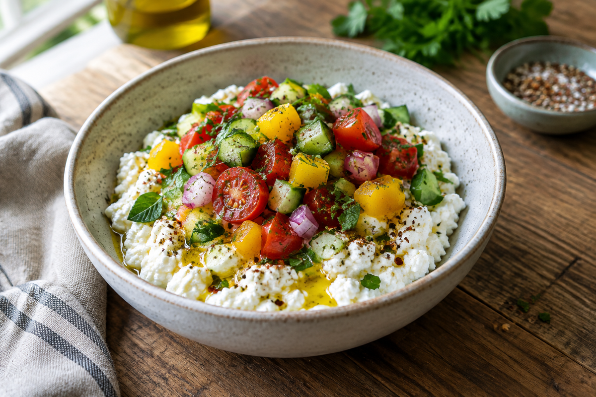 Cottage cheese dinner bowls with fresh veggies and herbs, showcasing a nutritious meal
