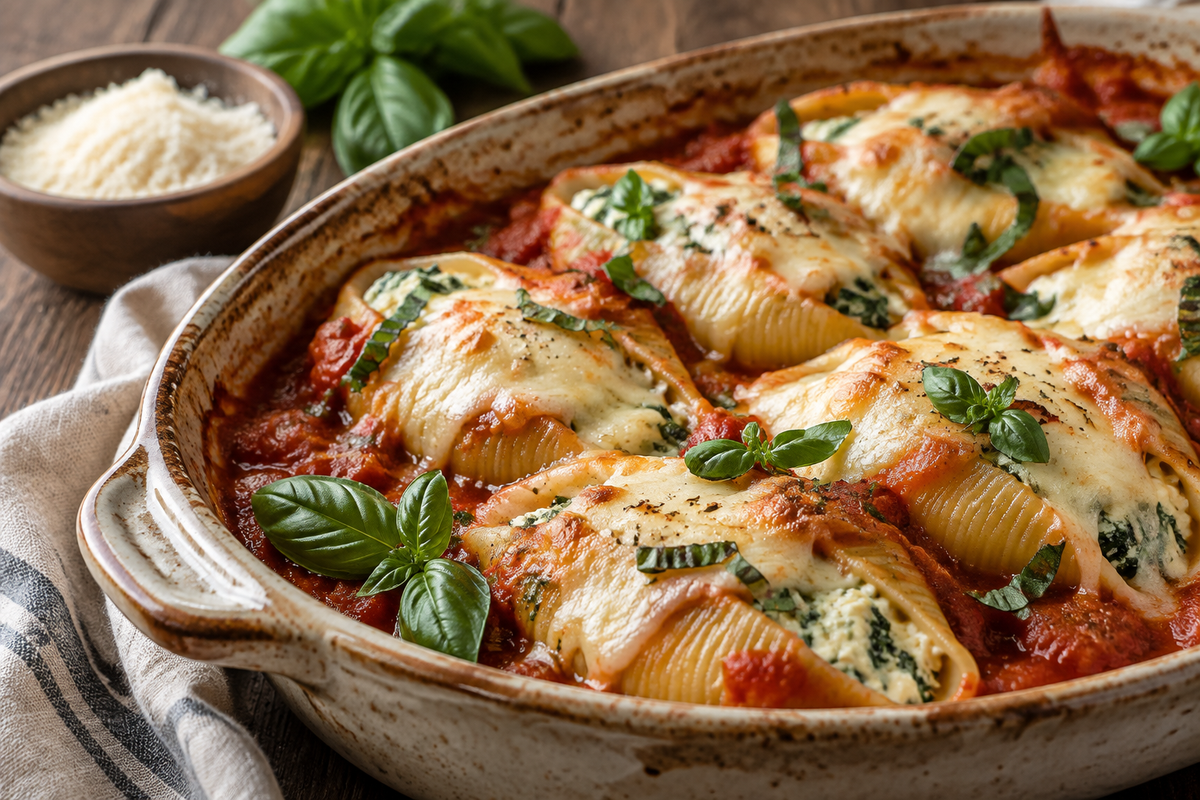 Close-up of delicious jumbo stuffed shells baked with cheese and tomato sauce, jumbo stuffed shells recipe