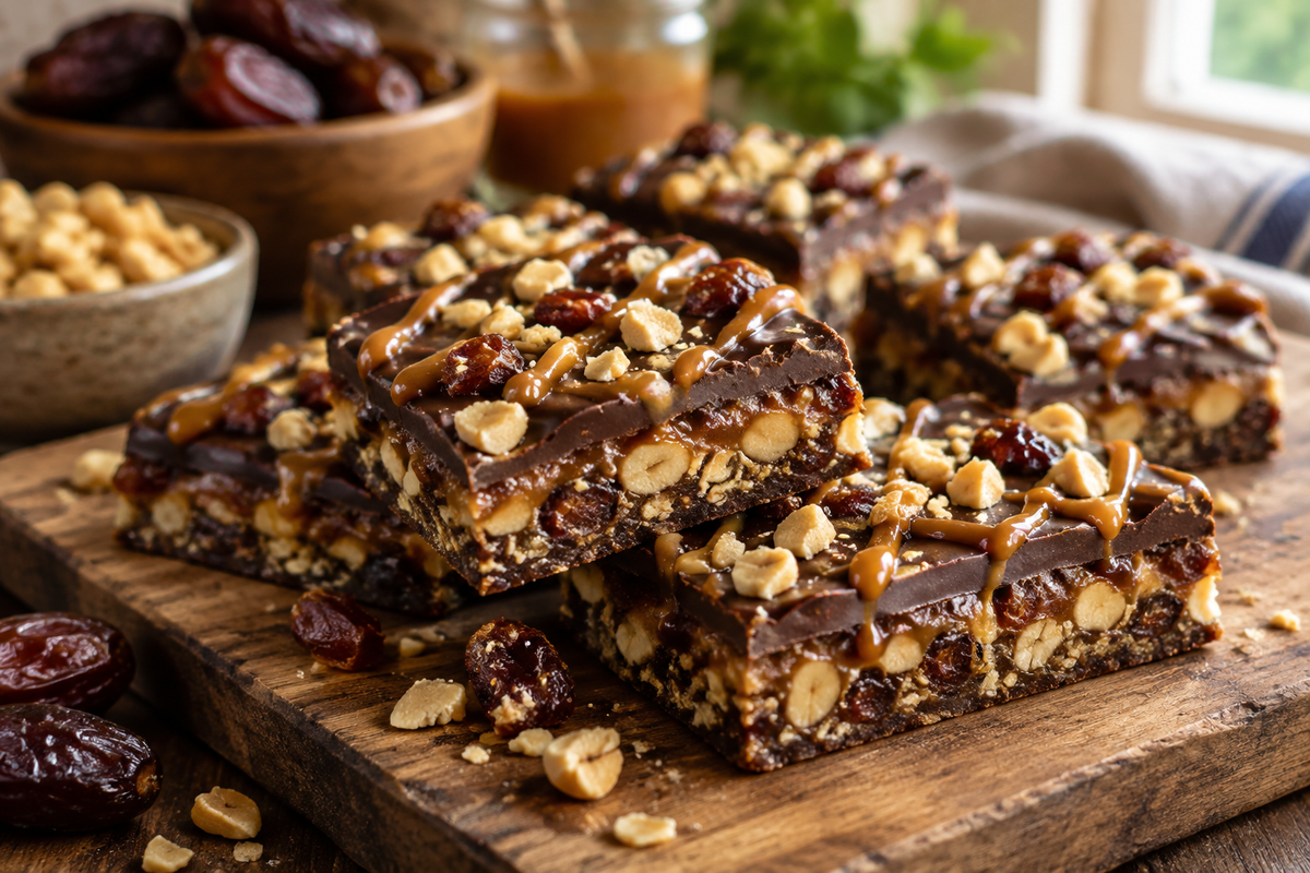 Snickers date bark squares with chocolate, caramel, peanuts, and dates on a wooden board