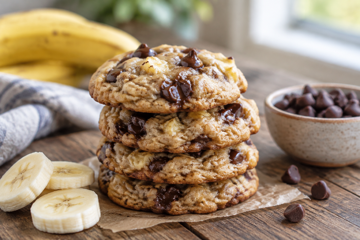 Stack of soft chocolate chip banana cookies with melted chips and banana bits, chocolate chip banana cookies