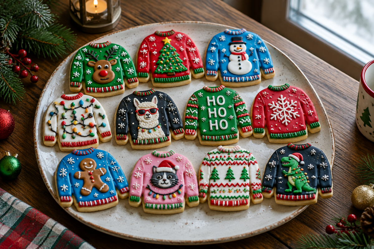 Plate of colorful ugly sweater contest cookies decorated with icing and sprinkles
