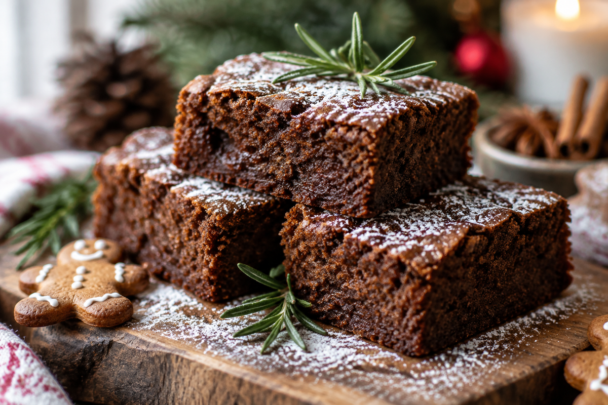 Delicious gingerbread brownies sprinkled with powdered sugar and garnished with rosemary, showcasing the warm spiced flavors