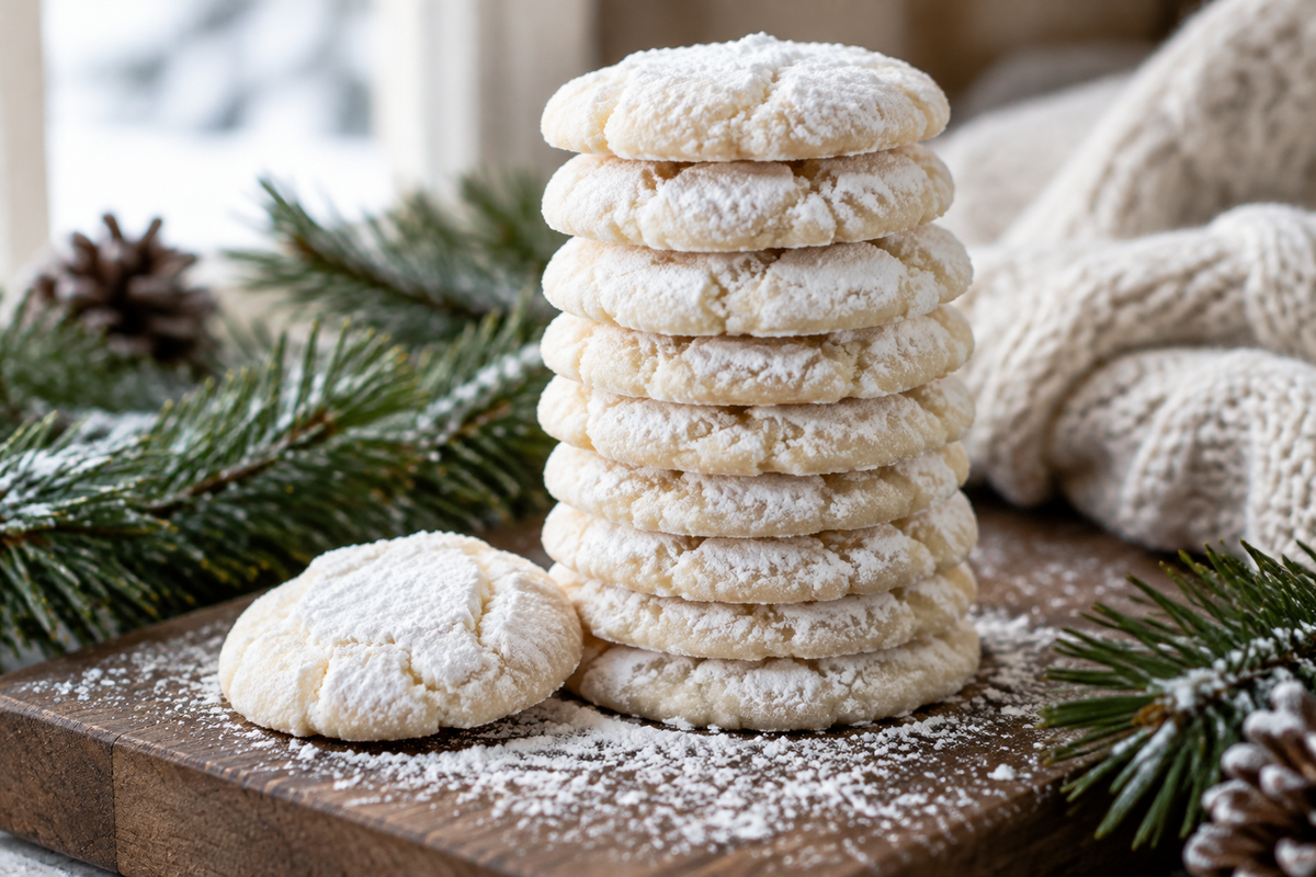 Stack of let it snow cookies dusted with powdered sugar on rustic board, showcasing soft texture and snowy white topping