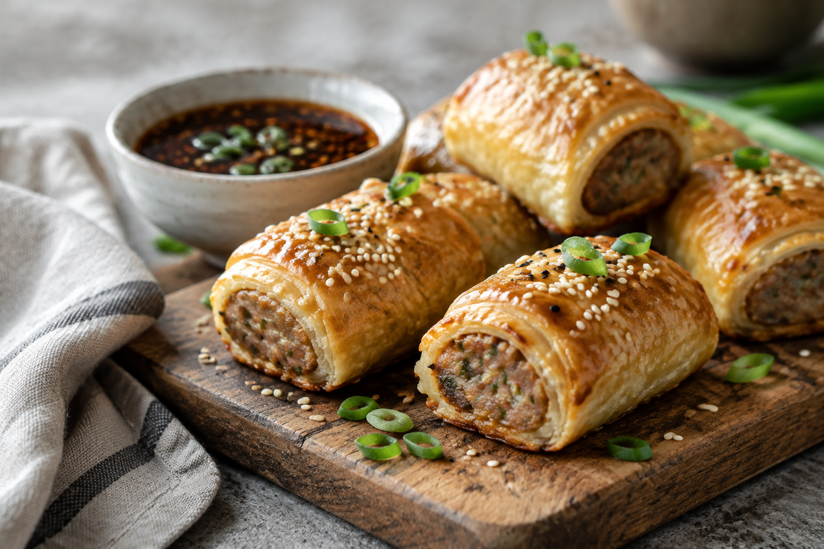 Golden dim sim sausage rolls garnished with sesame seeds and green onions on wooden board