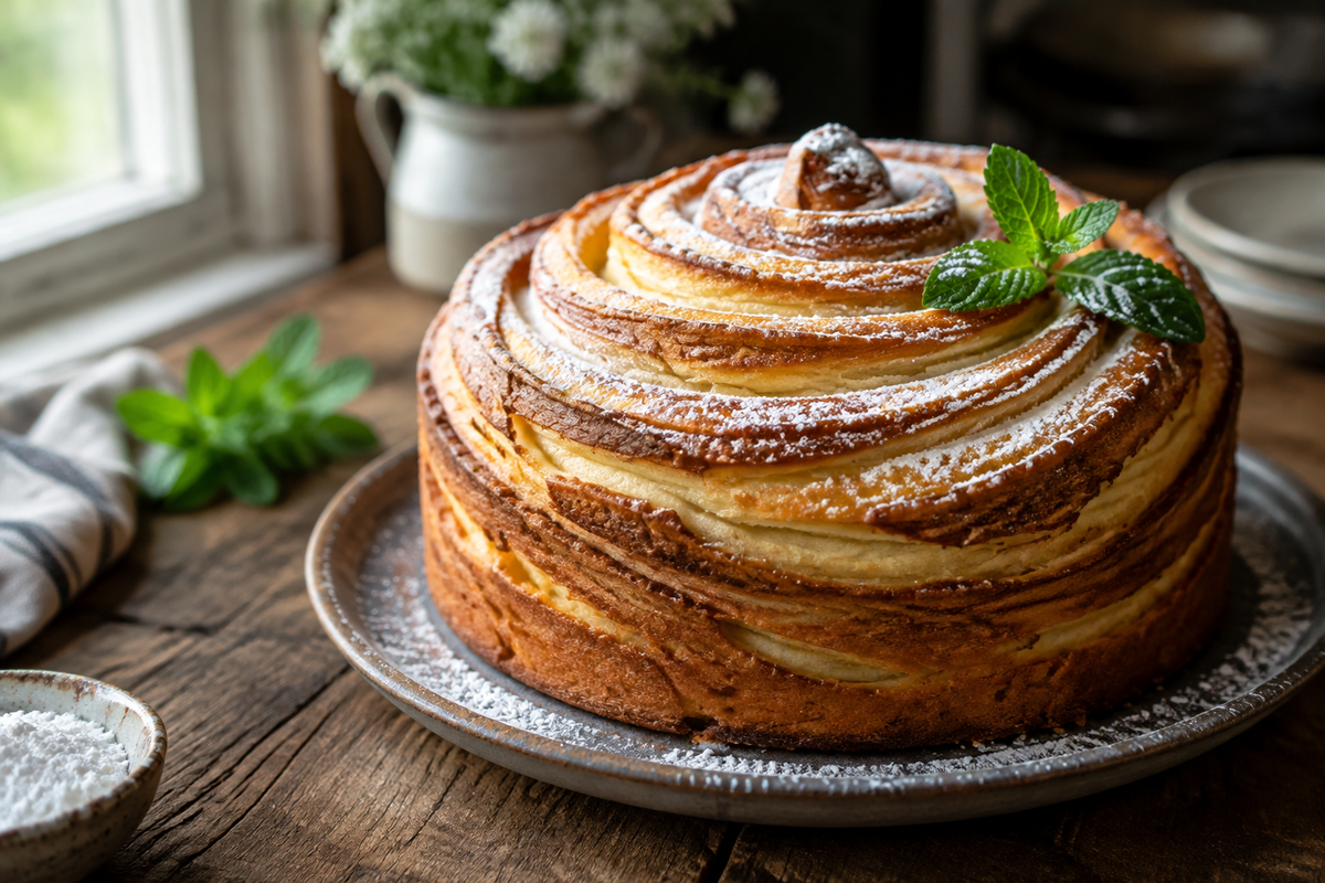 Do nothing tornado cake with golden swirled layers and powdered sugar garnish in natural light