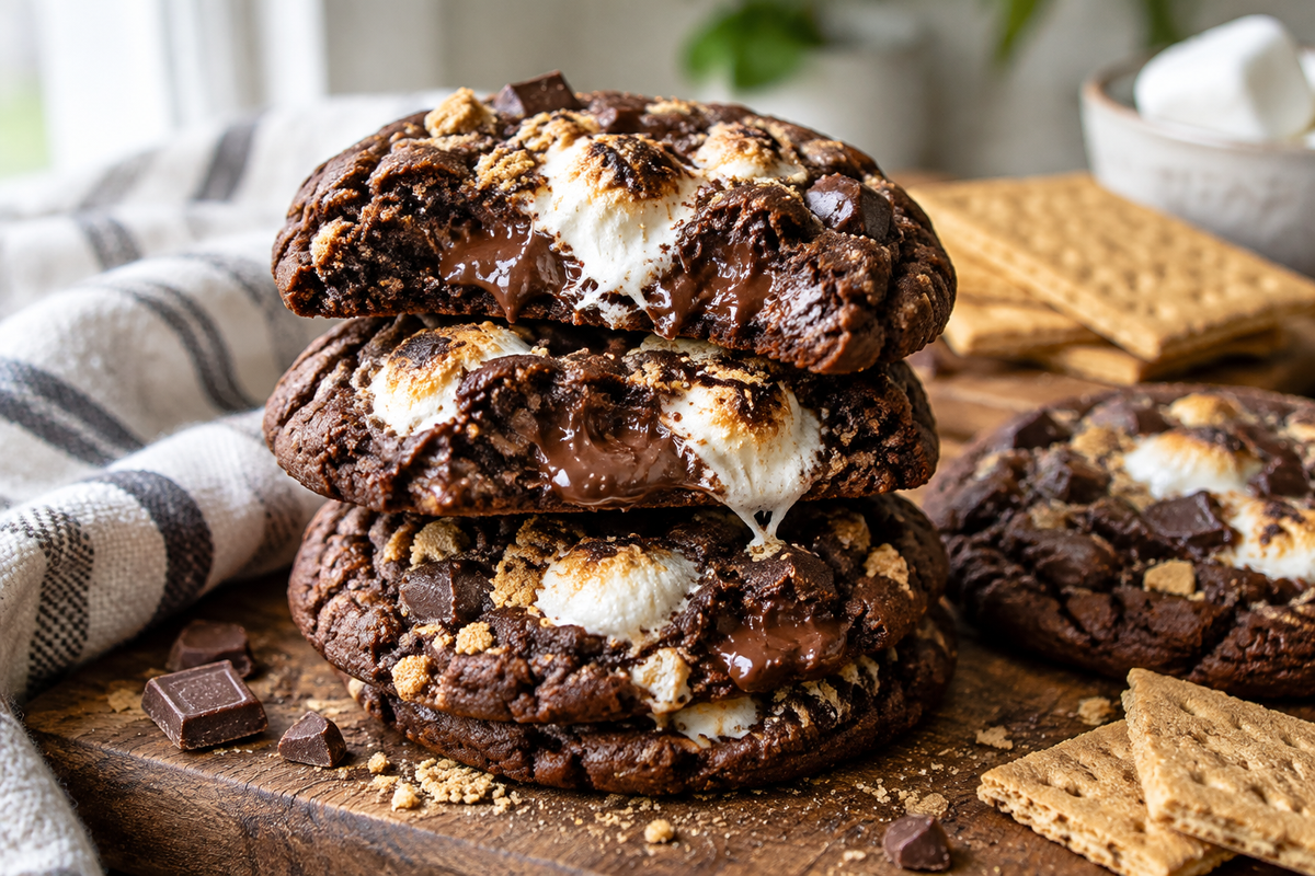 Stack of double chocolate s'mores cookies with melted marshmallow and chocolate, double chocolate s'mores cookies