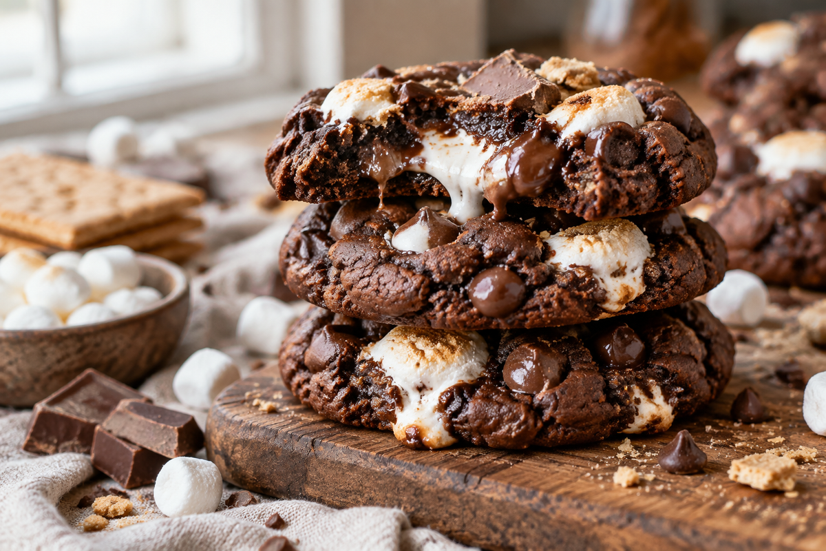 Double chocolate s'mores cookies with melted marshmallows and chocolate chips on a rustic board