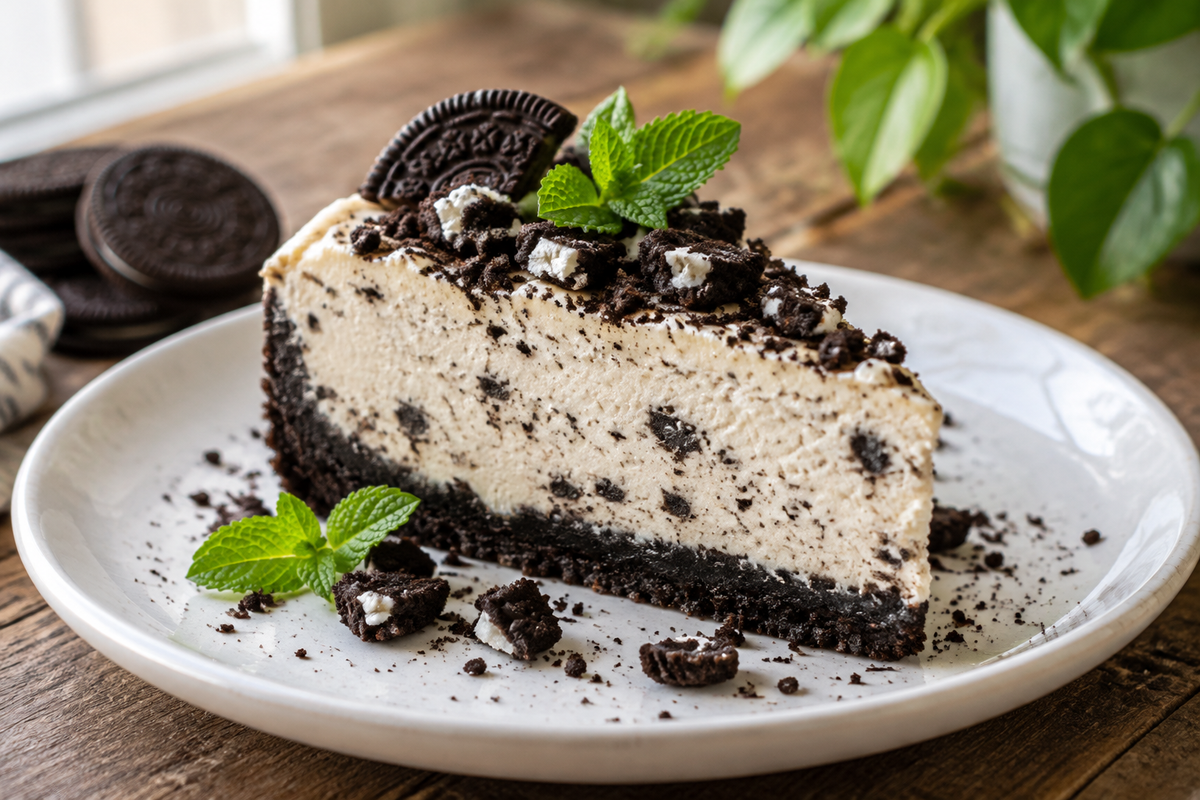 Slice of creamy protein Oreo cheesecake dessert with Oreo crumb crust and mint garnish