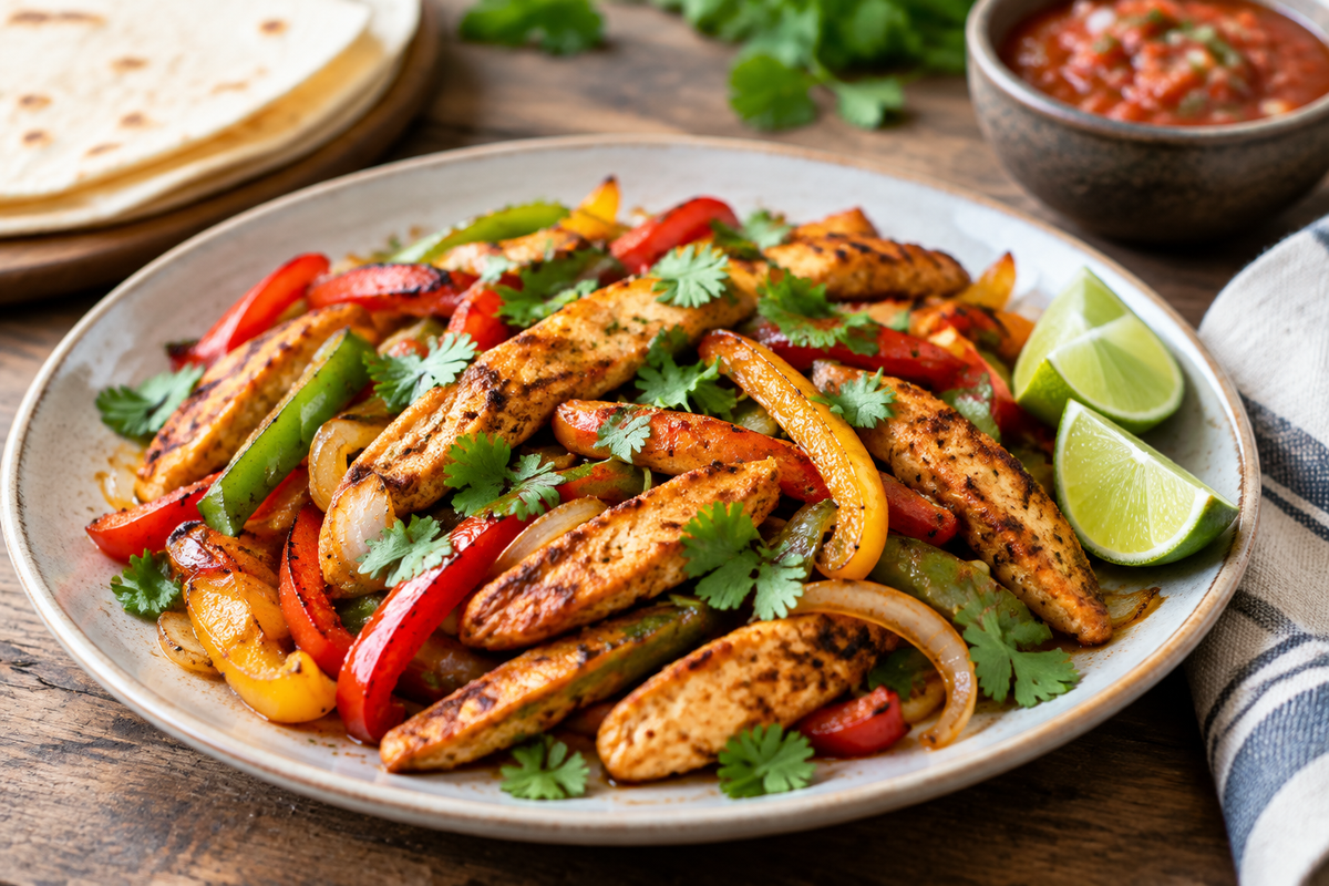 Air fryer chicken fajitas with grilled chicken, bell peppers, onions, and lime wedges on a rustic plate