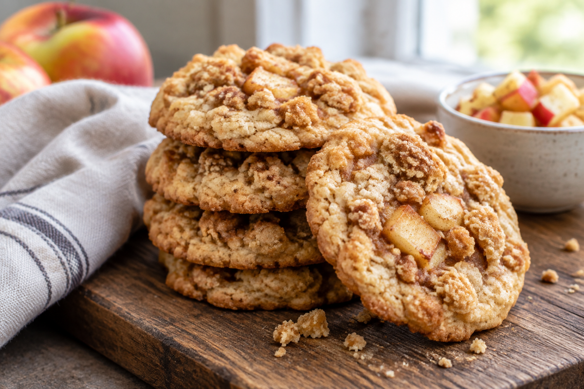 Stack of easy apple crumble cookies with crumbly topping and apple pieces, apple crumble cookies