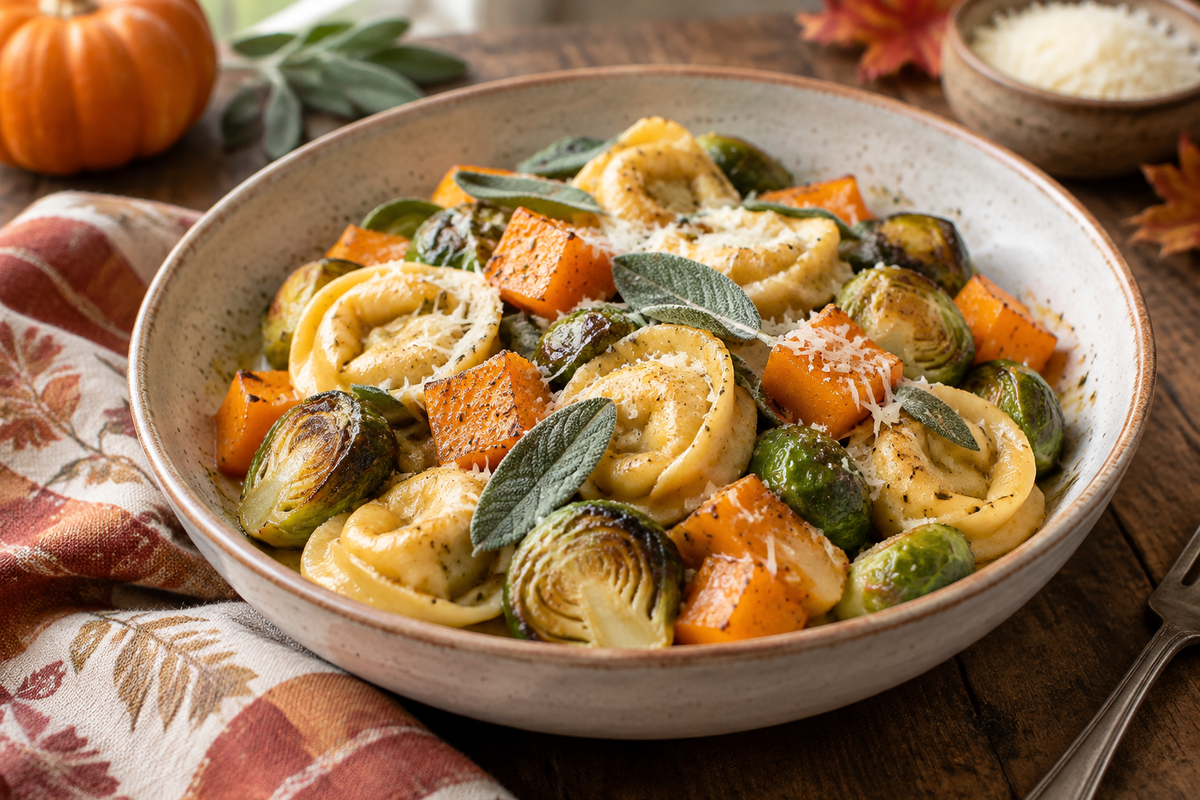 Autumn chicken tortellini with butternut squash and Brussels sprouts in a rustic bowl