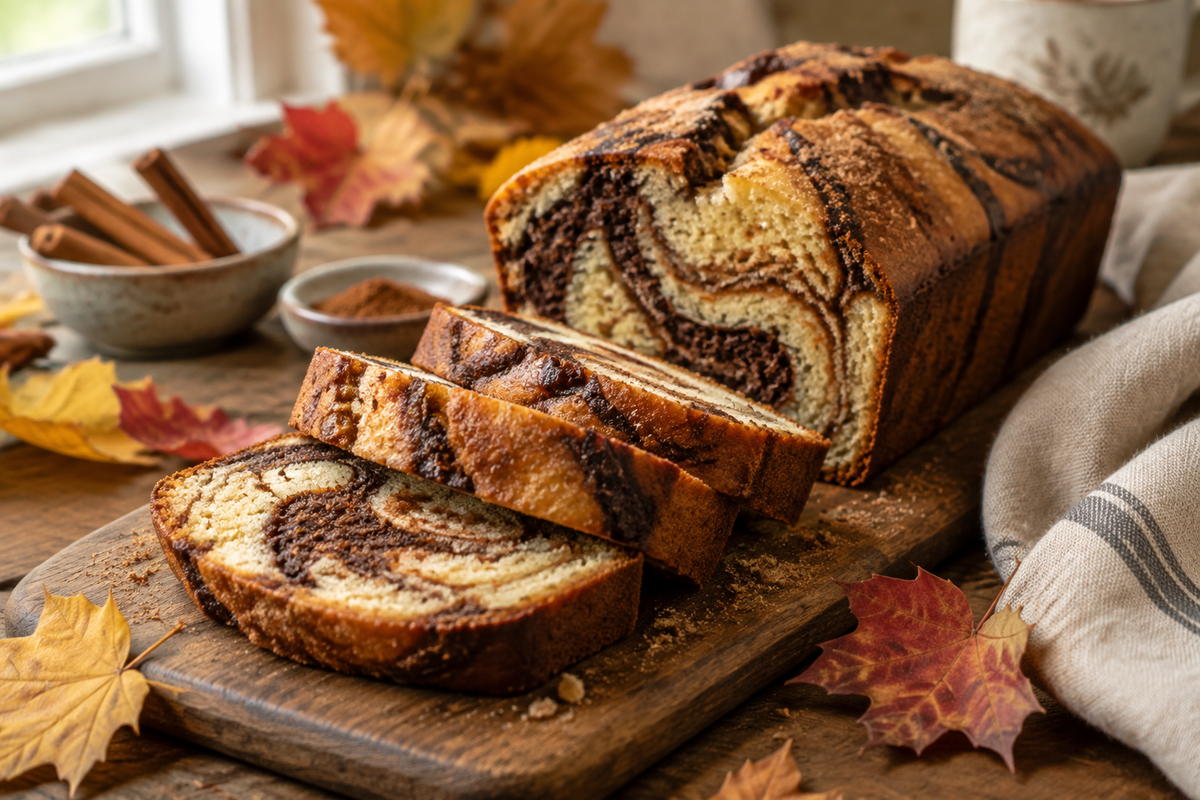 Sliced autumn marble cake with chocolate swirls and fall spices, perfect autumn marble cake dessert