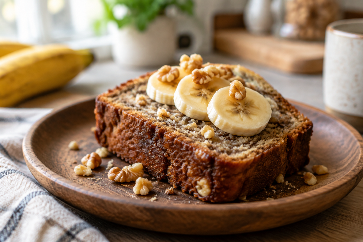 moist banana bread slice made in an air fryer with fresh banana slices and walnuts