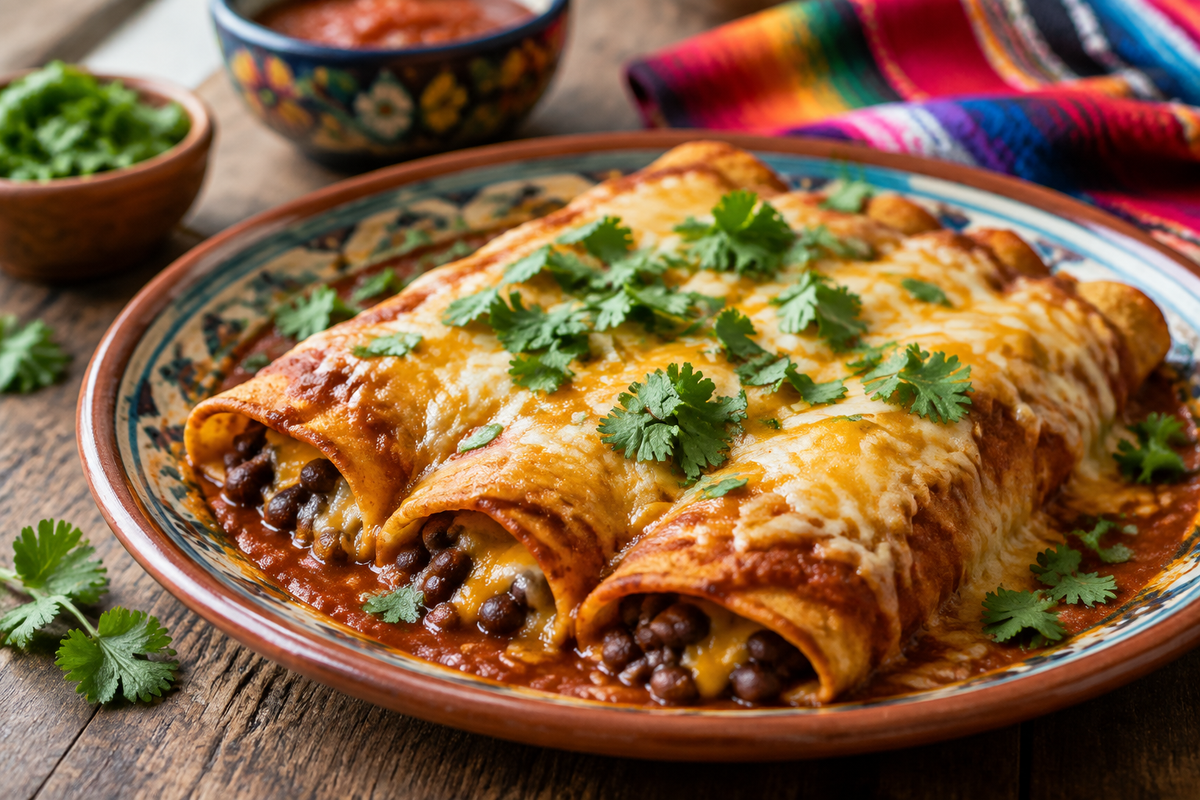 Bean and cheese enchiladas topped with melted cheese and cilantro, showcasing the bean and cheese enchiladas dish