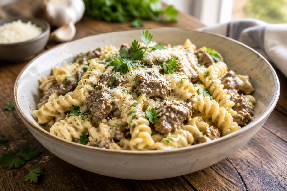 Easy beef and rotini pasta in garlic parmesan sauce garnished with parsley and parmesan