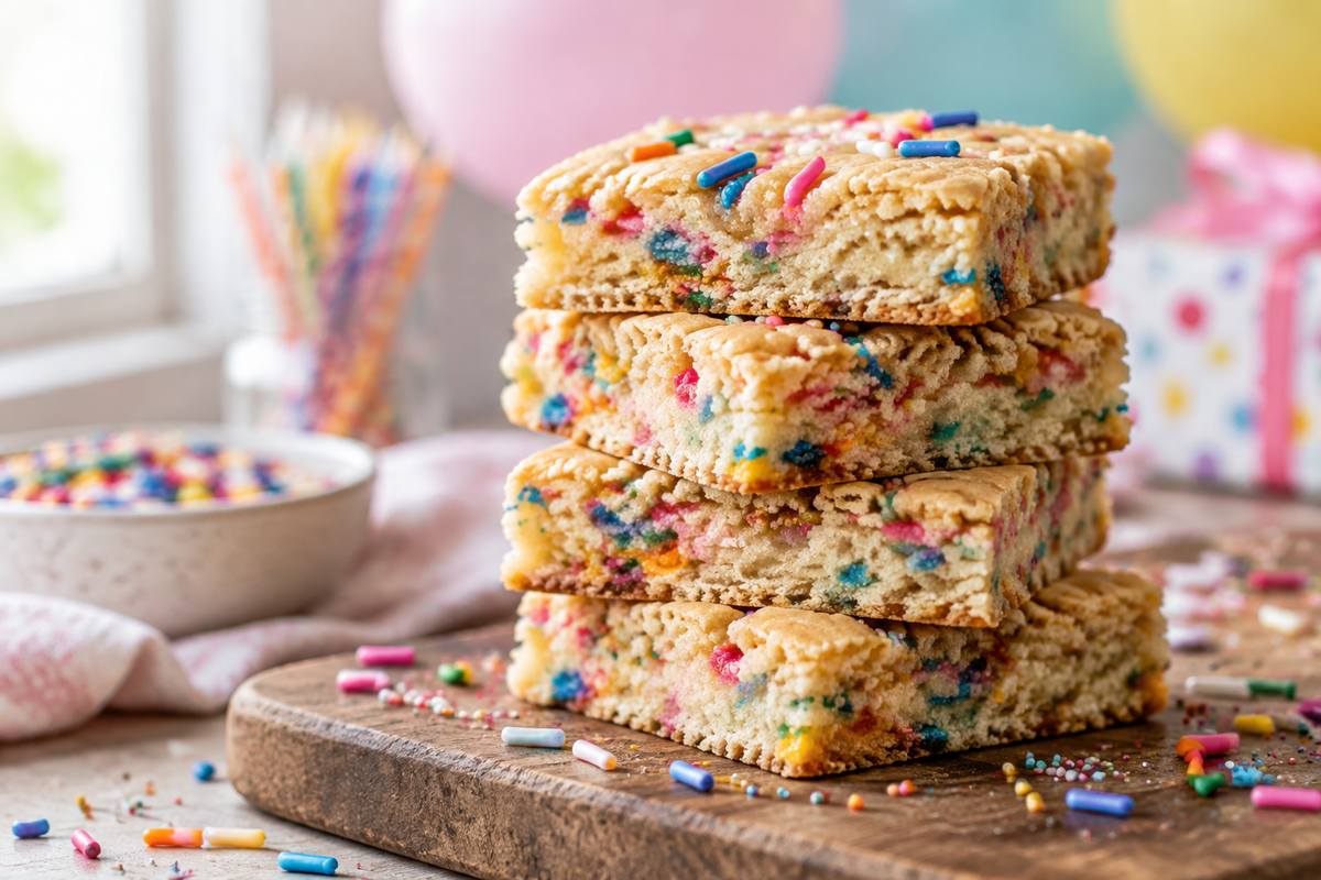 Easy birthday cake blondies with colorful sprinkles on a rustic board, perfect birthday cake blondies dessert