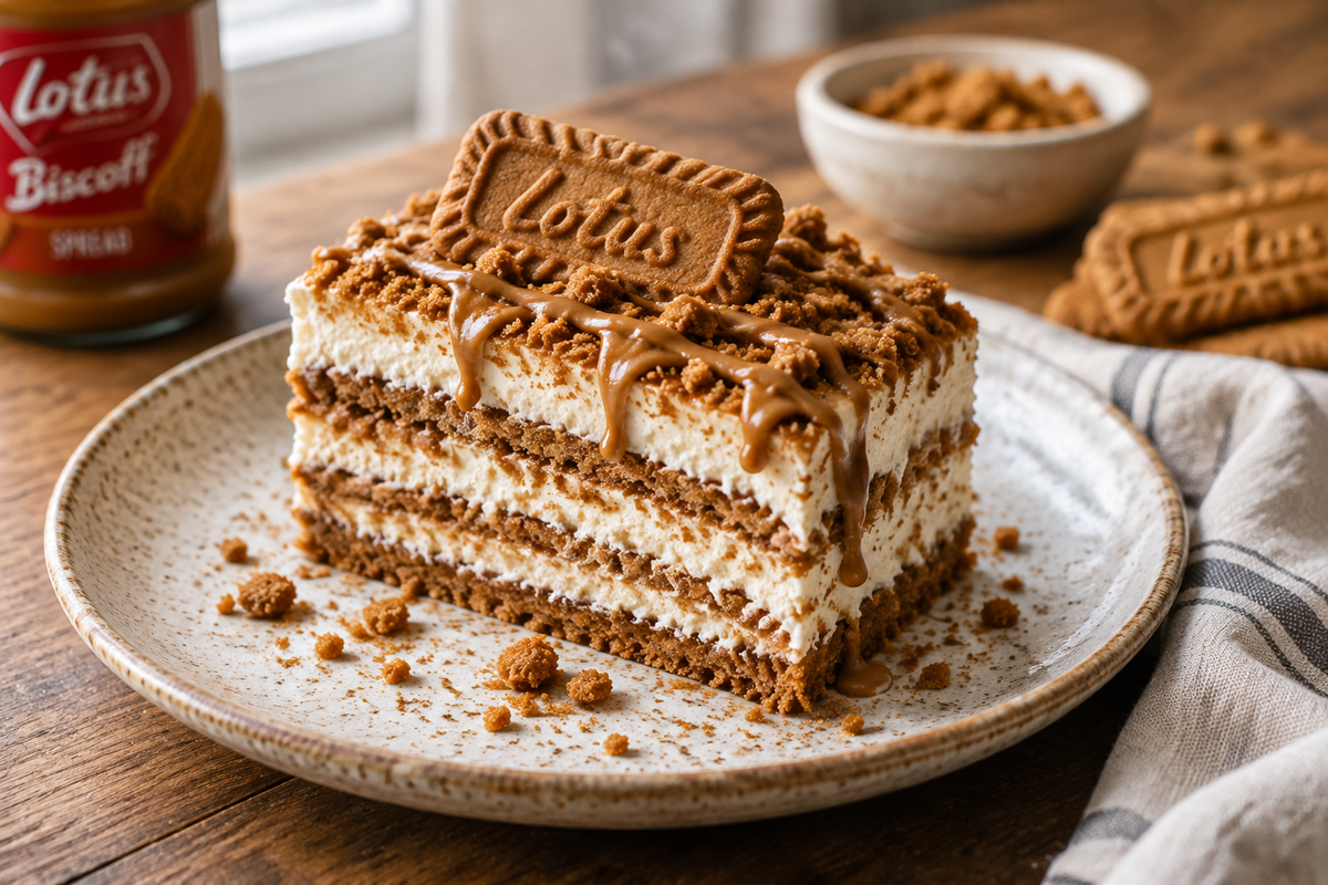 Slice of easy biscoff icebox cake showing creamy layers and crunchy cookies with biscoff icebox cake focus keyphrase