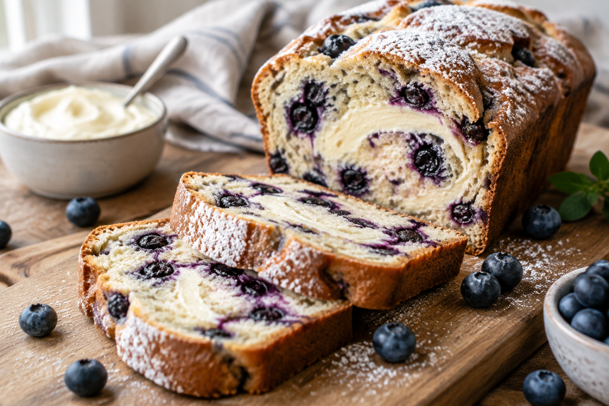 Sliced blueberry cream cheese bread loaf showing creamy swirl and fresh blueberries inside
