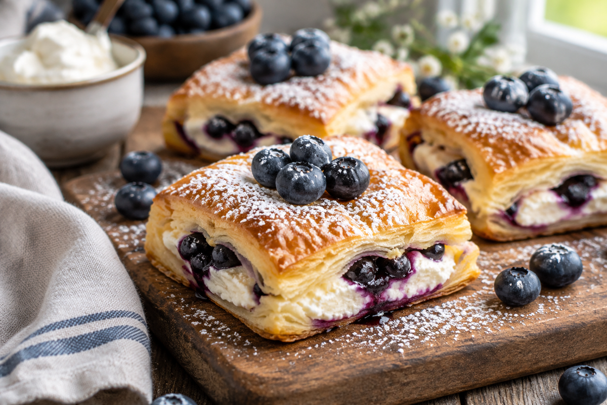 Golden blueberry cream cheese puff pastry squares garnished with fresh blueberries and powdered sugar