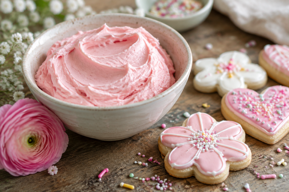 Creamy buttercream frosting perfect for sugar cookie decorating in a bowl with decorated cookies