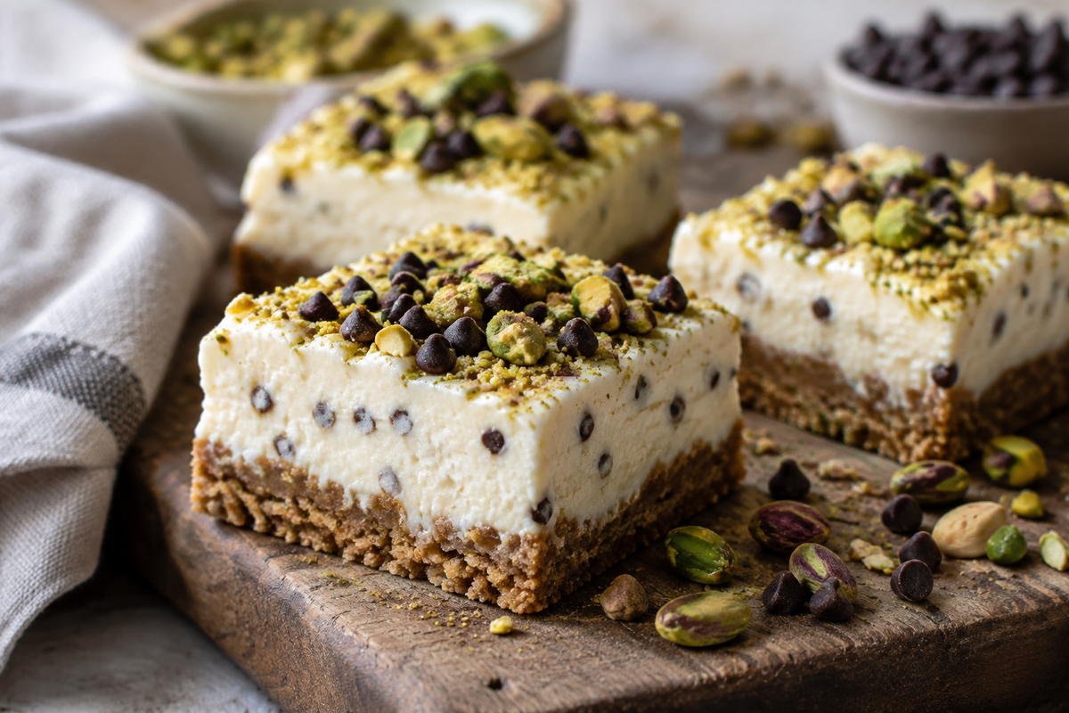 Delicious cannoli cheesecake bars garnished with pistachios and chocolate chips, showcasing creamy texture