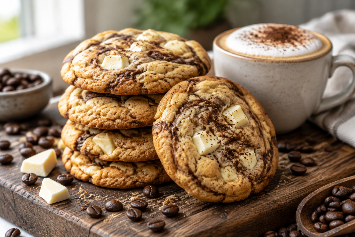 Easy cappuccino cookies with white chocolate and coffee flavor on rustic board